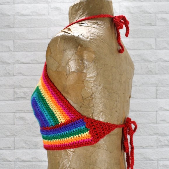 HAND CRAFTED Crochet Pride Rainbow Cropped Top Halter LGBTQ+ Festival Fashion - Picture 5 of 11